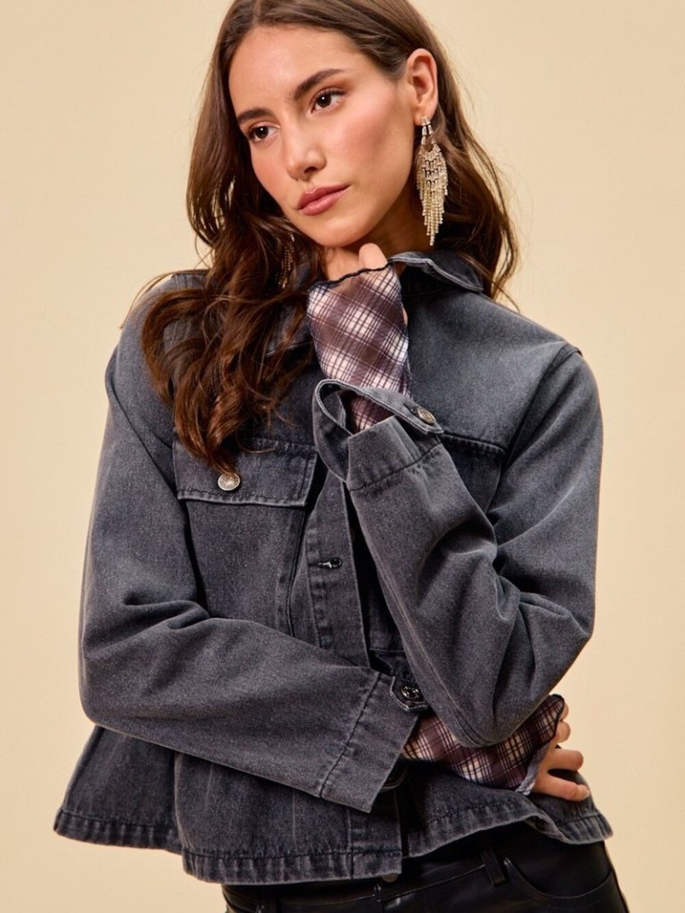 Denim Peplum Hem Front Button Jacket With Pockets - Picture 3 of 7